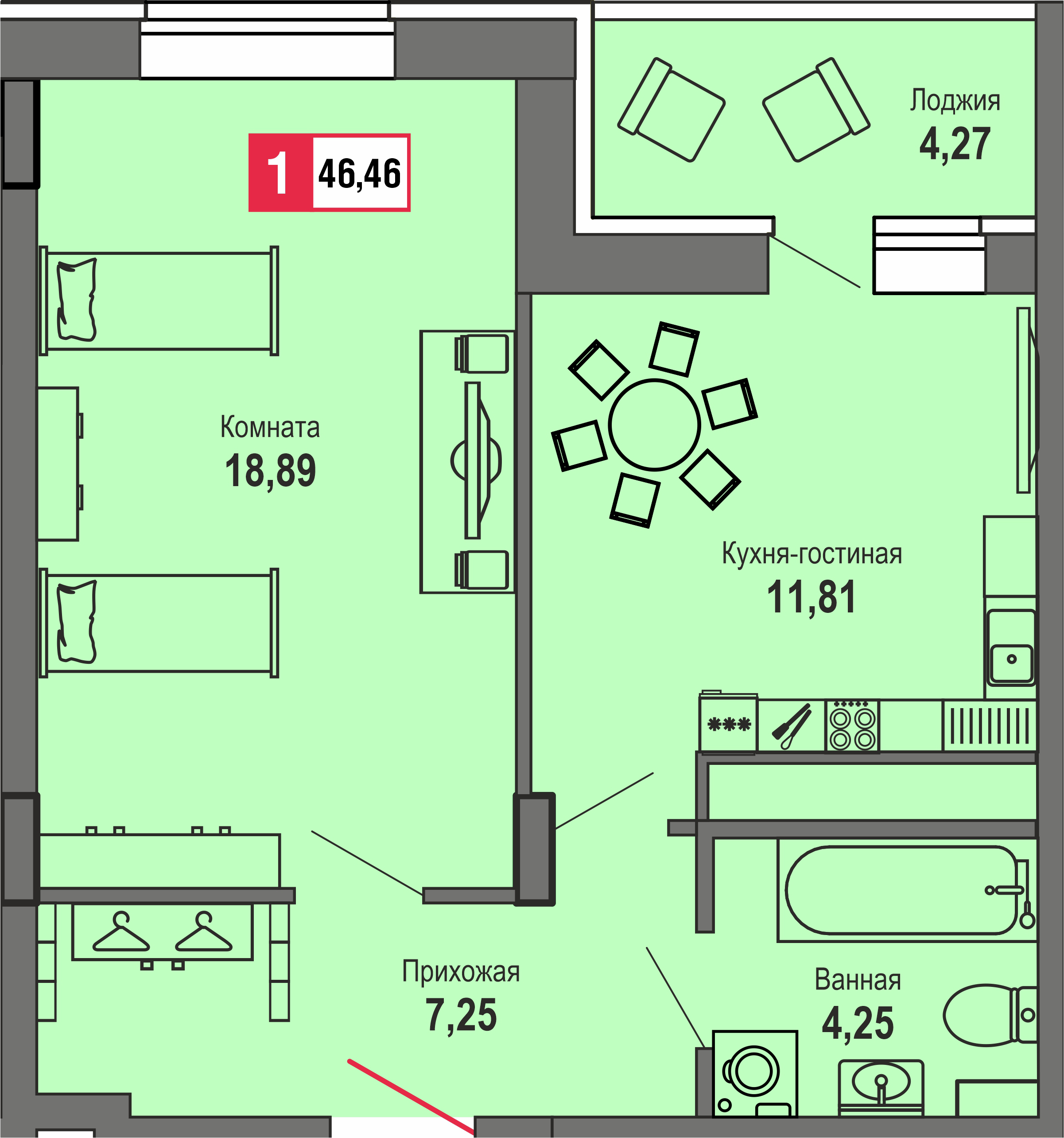 1-комнатная 46.5 м2 в ЖК Брусилово корпус null этаж 16