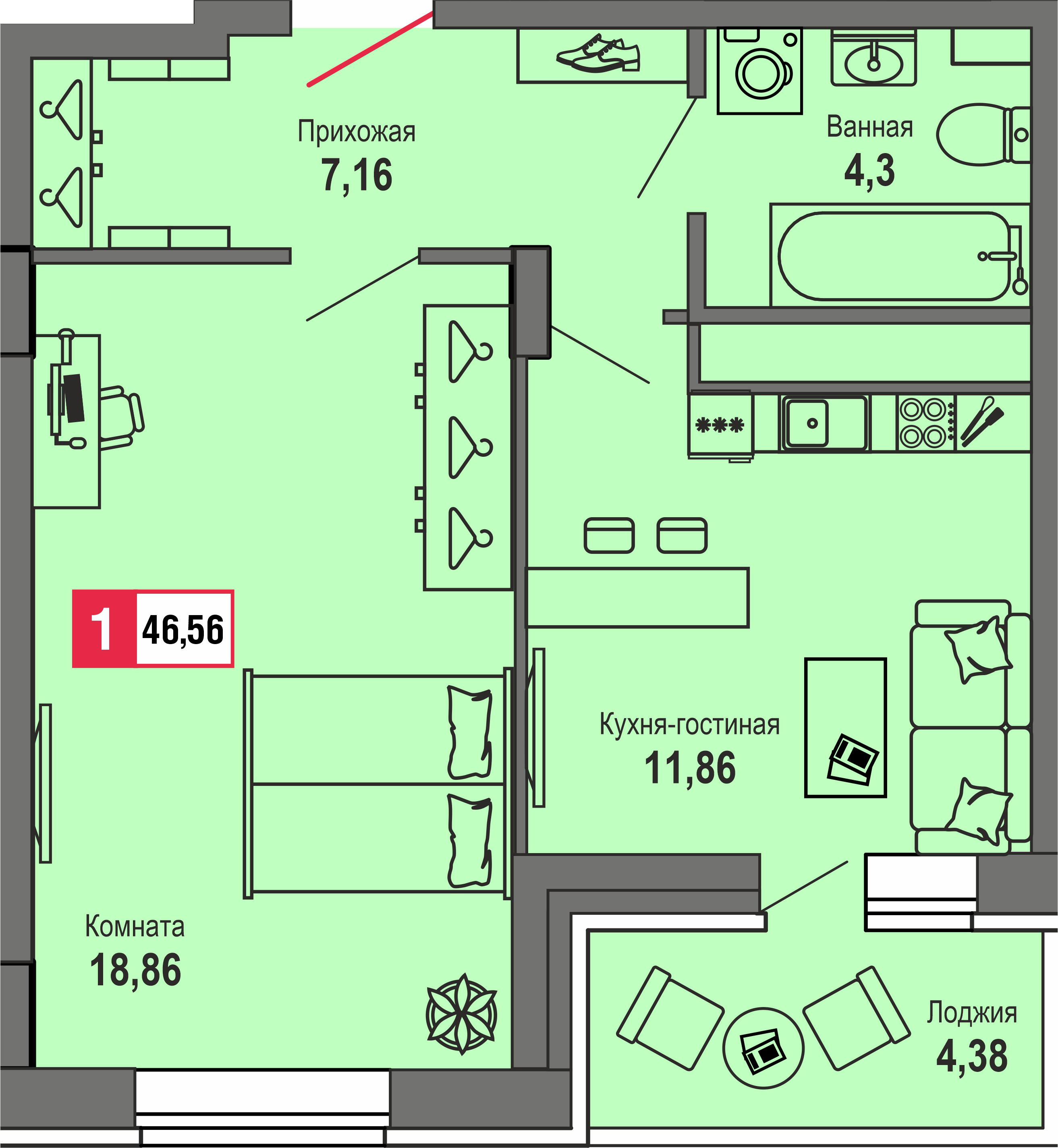 1-комнатная 46.6 м2 в ЖК Брусилово корпус null этаж 14